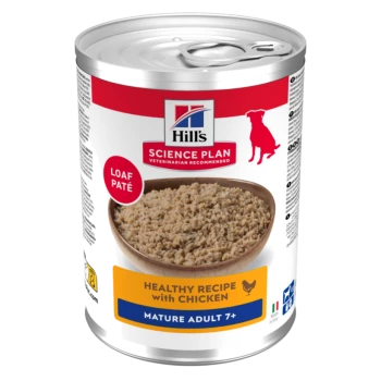 Can of Hill's Science Plan dog food, loaf pate; label reads Healthy recipe with chicken, Mature Adult 7+.