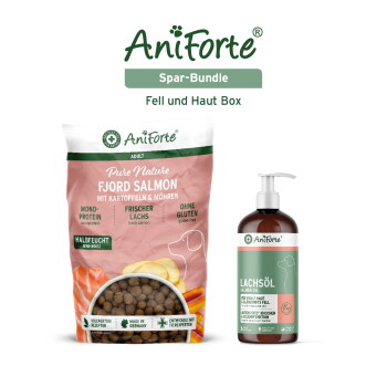 AniForte Spar-Bundle Fell und Haut Box: Fjord Salmon Hundefutterbeutel und Lachsöl-Pumpflasche