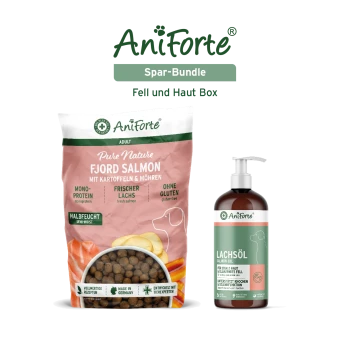 AniForte Spar-Bundle Fell und Haut Box: Fjord Salmon Hundefutterbeutel und Lachsöl-Pumpflasche