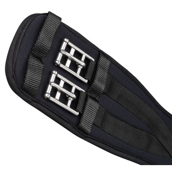 Schwarzes Haustiergeschirr mit silbernen Schnallen und verstellbaren Riemen, das ein schlankes Design für Komfort und Sicherheit zeigt.