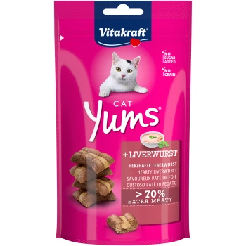 Cat Yums Wątrobianka 9x40 g Opakowanie Vitakraft Cat Yums z pożywnymi przysmakami z wątróbki, z tekstem informującym o braku dodatku cukru, braku zbóż i ponad 70% dodatkowego mięsa.