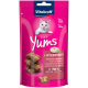 Vitakraft Cat Yums-Packung mit herzhaften Leberwurst-Leckerlis, mit dem Hinweis, dass kein Zucker hinzugefügt wurde, kein Getreide enthalten ist und über 70 % extra fleischig sind.