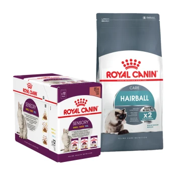 Produits alimentaires pour animaux de Royal Canin, y compris une boîte de 12 sachets sensoriels et un sac de nourriture sèche pour boules de poils, présentant une image de chat et des allégations nutritionnelles.