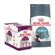 Produits alimentaires pour animaux de Royal Canin, y compris une boîte de 12 sachets sensoriels et un sac de nourriture sèche pour boules de poils, présentant une image de chat et des allégations nutritionnelles.
