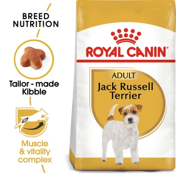 Royal Canin Jack Russell Terrier dog food bag with a small dog illustration, emphasizing breed nutrition and tailored kibble.