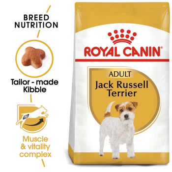 Royal Canin Jack Russell Terrier dog food bag with a small dog illustration, emphasizing breed nutrition and tailored kibble.