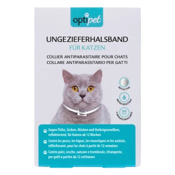 Verpackung eines antiparasitären Halsbandes für Katzen, mit deutschem, französischem und italienischem Text zu reflektierenden und wasserabweisenden Eigenschaften.