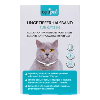 Verpackung eines antiparasitären Halsbandes für Katzen, mit deutschem, französischem und italienischem Text zu reflektierenden und wasserabweisenden Eigenschaften.