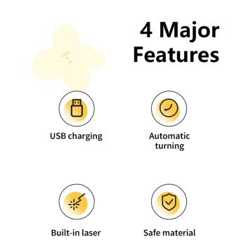 Das Bild zeigt eine Liste mit dem Titel "4 Hauptmerkmale" mit Symbolen und Text: USB-Ladung, Automatisches Drehen, Eingebauter Laser, Sichere Materialien.