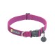 Eine lebhafte pinkfarbene Hundehalsband mit einer grauen Schnalle und einem Anhänger mit einem Glockensymbol, markiert mit "RUFFWEAR."