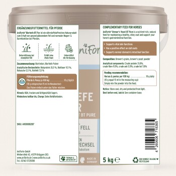 Ergänzungsfutter für Pferde, AniForte Brauereihefe BT Pure, 5 kg. Unterstützt die Hautfunktionen, die Verdauung und die Gesundheit des Fells.