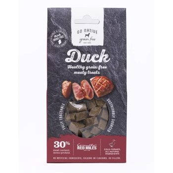 "Go Native" grain-free dog treats packaging showcases duck, emphasizing 30% meat, mono protein, and no artificial ingredients.