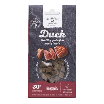 "Go Native" grain-free dog treats packaging showcases duck, emphasizing 30% meat, mono protein, and no artificial ingredients.