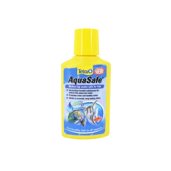 Tetra AquaSafe water conditioner bottle, yellow with blue label, claims to make tap water safe for fish, promotes clear water, and works quickly.