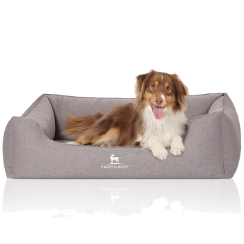 Ein komfortables graues Hundebett mit einem weißen Logo, das "KNUFFELWUFF" liest, mit einem glücklichen Hund, der darauf entspannt.