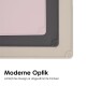 Moderne Futtermatten für Haustiere in sanften Farben, mit einer rosa Matte, die über einer dunkelgrauen und beige Matte liegt, mit dem Text 'Moderne Optik'.