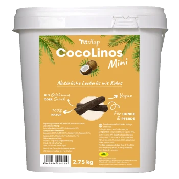 Weißer 2,75 kg Eimer mit der Aufschrift 'FitHap CocoLinos Mini' Kokosnuss-Leckerlis, zeigt Kokosnussbild, 'Vegan' und 'Für Hunde & Pferde'.
