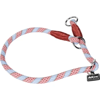 Tau-Halsband braun M Eine bunte geflochtene Hundeleine mit roten, blauen und weißen Mustern, mit zwei Metallringen und einem 'Antone Wild Variety'-Tag.