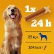 Ein Golden Retriever sitzt neben einem Hundeleckerli, mit Text, der "1x 24 h", "25 kg+" und "124 kcal" angibt. Heller gelber Hintergrund.