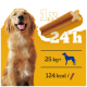 Ein Golden Retriever sitzt neben einem Hundeleckerli, mit Text, der "1x 24 h", "25 kg+" und "124 kcal" angibt. Heller gelber Hintergrund.