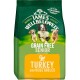 A bag of James Wellbeloved Grain Free Senior dog food, featuring a design with three dogs and the text "Turkey and Vegetables."
