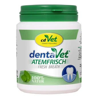 Behälter mit cdVet dentaVet Atemfrisch Atemerfrischer für Haustiere, beschriftet mit "100% Natur" mit einem grünen Deckel und Zahn-Icon.