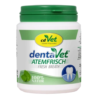 Behälter mit cdVet dentaVet Atemfrisch Atemerfrischer für Haustiere, beschriftet mit "100% Natur" mit einem grünen Deckel und Zahn-Icon.