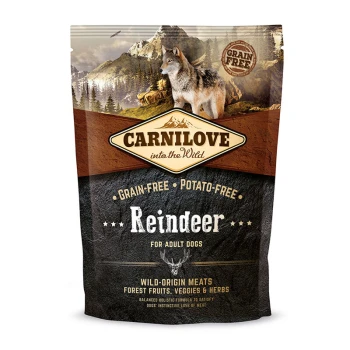 Reindeer Adult 1,5kg Torba karmy dla psów Carnilove z reniferem, oznaczona "Bez zbóż" i "Bez ziemniaków," dla dorosłych psów, z wizerunkiem wilka i gór.