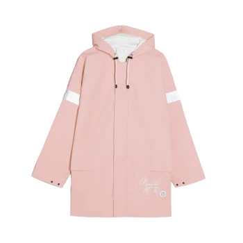 Ein pinker Regenmantel mit Kapuze, mit weißen Streifen an den Ärmeln und einer Hundegrafik mit dem Text "Bark-tet" auf der vorderen Tasche.