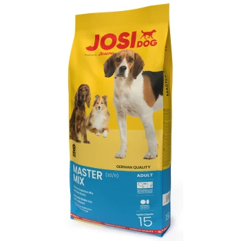 Eine Tüte JOSI DOG Master Mix Hundefutter mit gelbem Hintergrund, die drei Hunde und Etiketten für "DEUTSCHE QUALITÄT", "ERWACHSEN" und "22/11" zeigt.