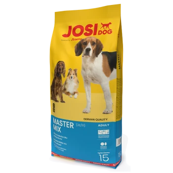 Eine Tüte JOSI DOG Master Mix Hundefutter mit gelbem Hintergrund, die drei Hunde und Etiketten für "DEUTSCHE QUALITÄT", "ERWACHSEN" und "22/11" zeigt.