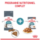 Emballage de nourriture pour animaux Royal Canin Hairball Care avec des croquettes et de la nourriture humide sur une assiette, étiqueté "Programme Nutritionnel Complet."