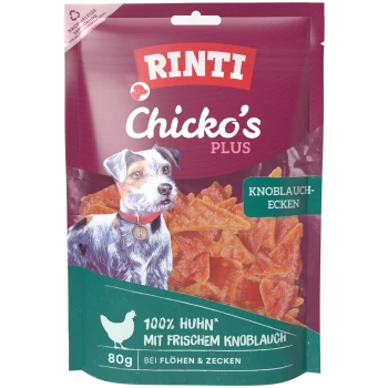 RINTI Chicko's Plus Hundesnack-Tüte mit Hundeillustration, Knoblauch-Dreiecken und sichtbarem Text 'Knoblauch-Ecken' und '100% Huhn'.