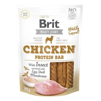 Brit Meaty Jerky Chicken Protein Bar dla dorosłych psów, 80g opakowanie z kurczakiem, owadami i błoną jajową.