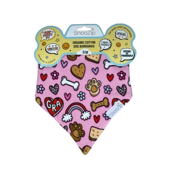 Pink SnooZip dog bandana (S/M) with bones, paw prints, hearts and rainbows; packaging reads 'Organic Cotton Dog Bandanas'.