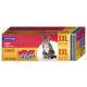 Verpackung für FIT+FUN Katzenfutter-Gelee, mit einer getigerten Katze und Text, der "4 köstliche Sorten" und "XXL GROSSER PREIS KLEIN" hervorhebt.
