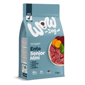 Hellblauer 1‑kg-Beutel WOW Dog ‚Ente Senior Mini‘ Enten-Trockenfutter, Schüssel mit Entenfleisch auf der Vorderseite, ‚Made in Austria‘-Label