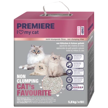 Tüte Premiere nicht klumpende Katzenstreu, 5,8 kg, mit drei flauschigen Katzen und Texten in mehreren Sprachen.