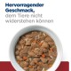 Schüssel mit Hundefutter mit Fleisch und Gemüse, mit dem Text: "Hervorragender Geschmack, dem Tiere nicht widerstehen können."