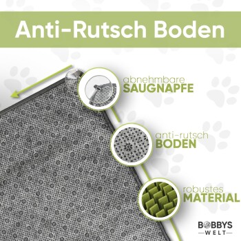 Rutschfeste Matte mit abnehmbaren Saugnäpfen, mit einer strukturierten Oberfläche für Halt, beschriftet mit "Anti-Rutsch Boden" und "robustes Material."