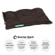 Schwarzes Haustierbett mit gepolstertem Design, beschriftet mit "Doctor Bark", mit Text über Haltbarkeit, Hygiene und Pflegeanweisungen.