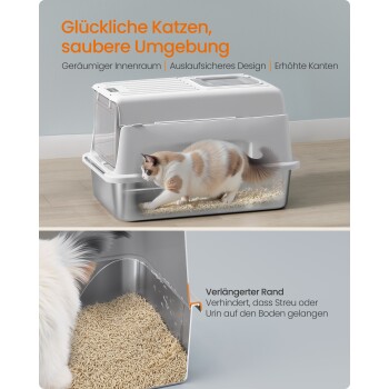 Katze in einer geräumigen überdachten Katzentoilette mit erhöhten Rändern, deutscher Text hebt saubere Umgebung und auslaufsicheres Design hervor.
