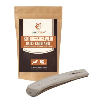 ® halbes Rothirsch-Geweih Snack 3xL, 3x Eine Packung Wildfang Rotwild-Halbschaufel-Hundekauartikel, auf Deutsch beschriftet, mit einem halben Geweih-Kauartikel daneben. Größe M für Hunde von 10-15 kg.