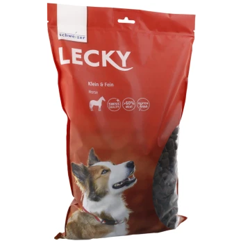 Sac de nourriture pour animaux de compagnie rouge "LECKY" avec un chien souriant, présentant "Klein & Fein," "Horse," "Swiss Quality," "60% Meat," et "Gluten Free."