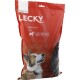Rote "LECKY" Haustierfuttertüte mit einem lächelnden Hund, die "Klein & Fein," "Pferd," "Schweizer Qualität," "60% Fleisch," und "Glutenfrei" zeigt.