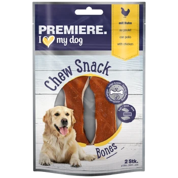 Kau-Snackknochen für Hunde, mit einem Golden Retriever auf der Verpackung, beschriftet mit "mit Huhn" und "2 Stk."