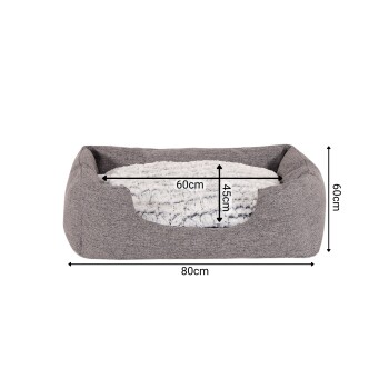 Graues Haustierbett mit einem plüschigen weißen Innenraum, mit den Maßen 80 cm x 60 cm x 45 cm, angezeigt mit markierten Abmessungen.