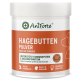 AniForte Hagebuttenpulver-Behälter, beschriftet mit "HAGEBUTTEN PULVER", unterstützt das Immunsystem und die Gelenkfunktion, 100% natürlich, hergestellt in Deutschland.