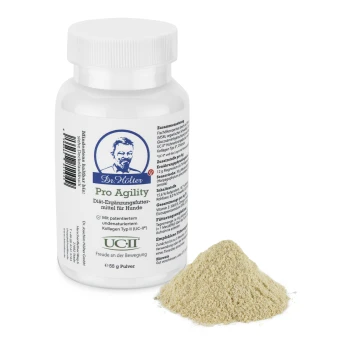 Flasche mit Dr. Höler Pro Agility Nahrungsergänzungsmittel für Hunde, mit einem hellgelben Pulver, das daneben verschüttet ist.