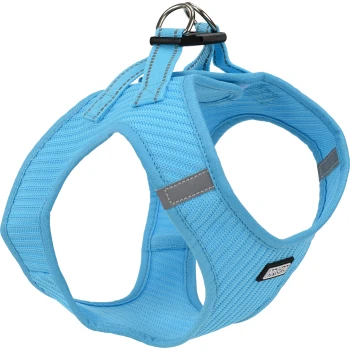 Harnais pour animaux de compagnie bleu clair avec un design rembourré, doté d'un D-ring en métal pour l'attache de la laisse et d'accents gris.